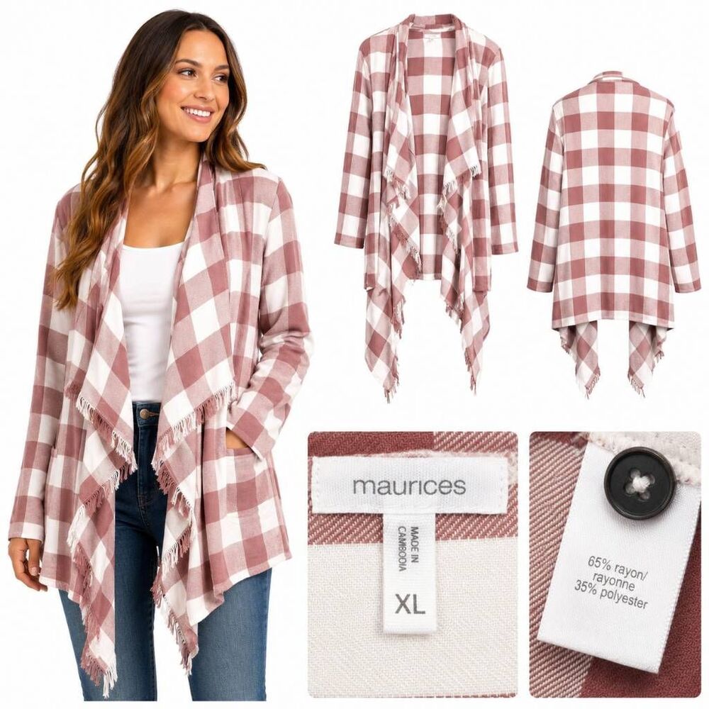 Maurices XL Mauve Plaid Waterfall Cardigan Fringe Duster